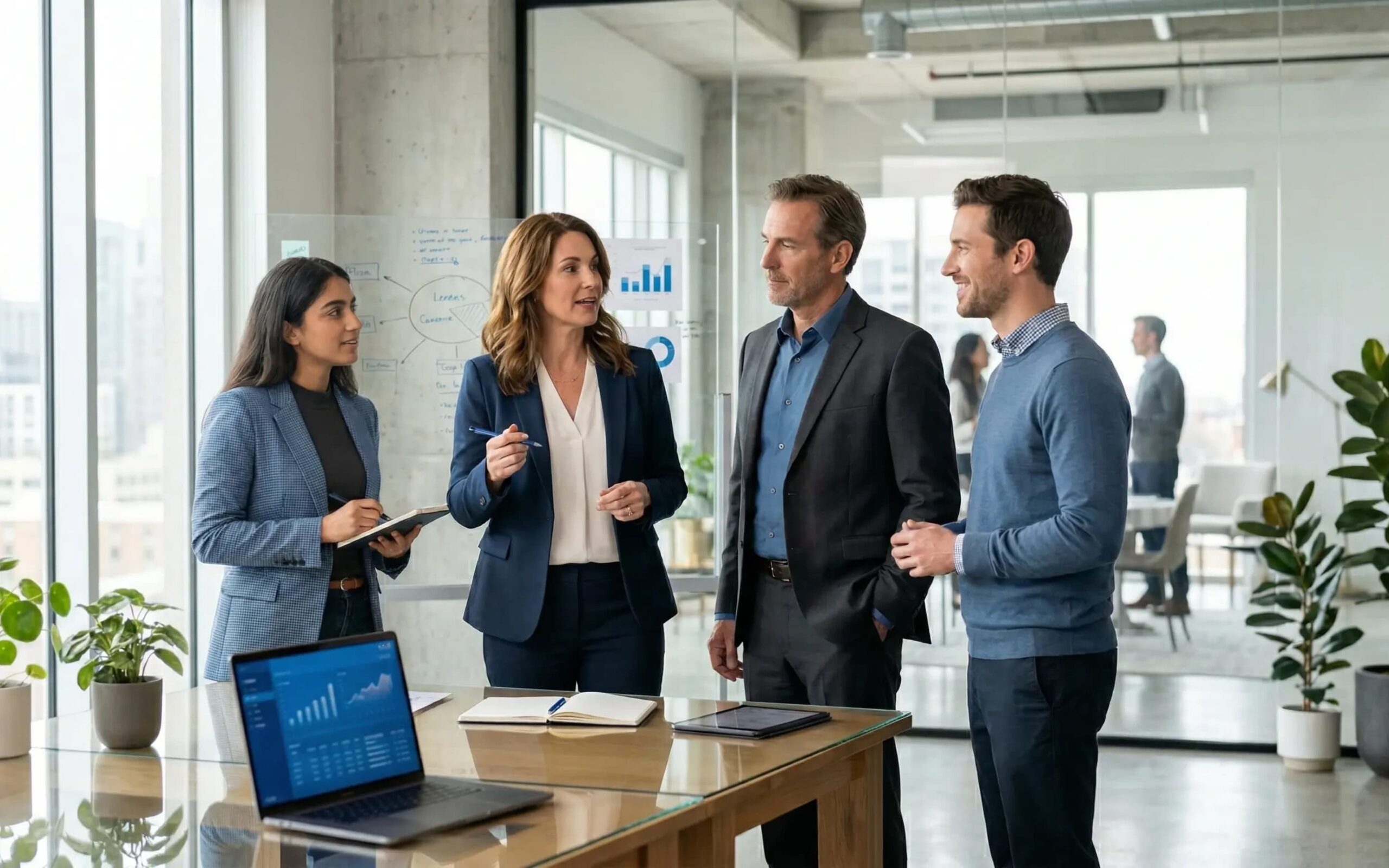 4 professionals talking