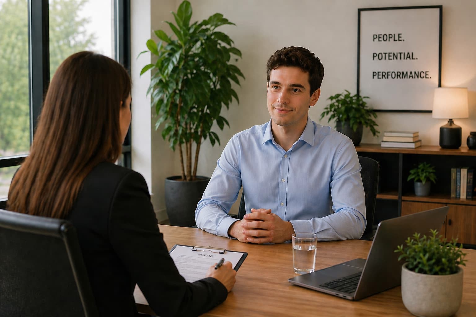 professionally dressed man sitting at desk with recruiter